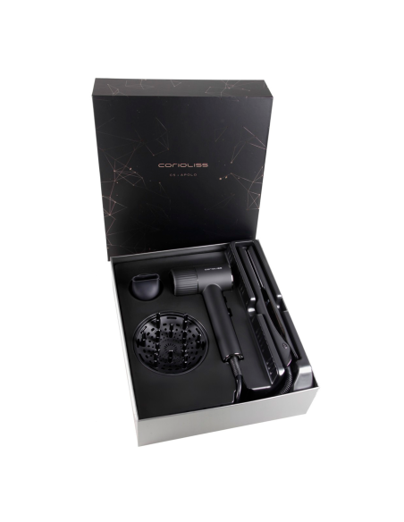 KIT CORIOLISS  PLANCHA CABELLO C5 + SECADOR APOLO BLACK CHROME